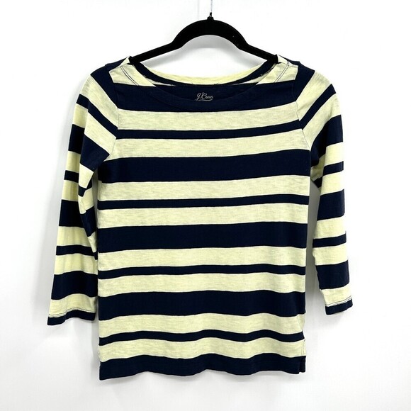 J. CREW Yellow Navy Blue Striped Painter Slub Boat Neck 3/4 Sleeve Tee Size XXS - Picture 1 of 4